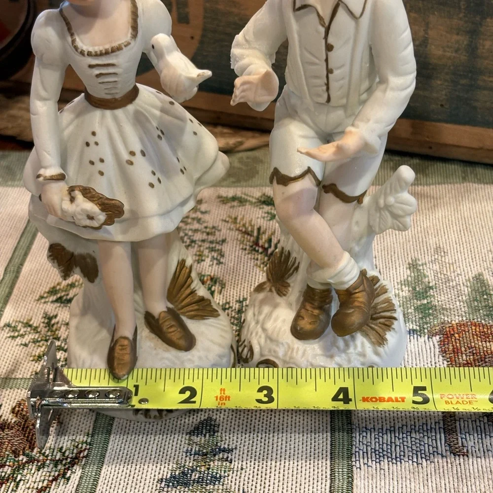 Vintage Bisque Porcelain Little Girl & Boy Figurines gold accents Made In Korea